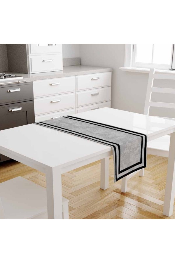 Açık Gri Siyah Çizgi Desenli Baskılı Leke Tutmaz Dertsiz Dekoratif Runner Örtüsü 40x140cm