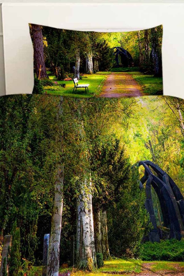 Yeşil Ağaçlar Park Desenli Çift Kişilik Kapitoneli Yorgan Yastık Kılıflı Yeşil Ağaçlar Park Desenli Çift Kişilik Kapitoneli Yorgan Yastık Kılıflı