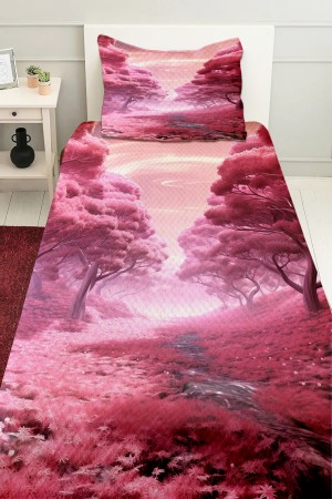 Mor Çiçek Bahçesi Desenli Kıc Çocuk Tek Kişilik Pike Takımı Kapitoneli Yatak Örtüsü