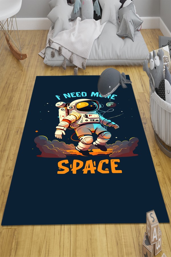 Mavi Astronot Desenli Erkek Çocuk Odası Halısı Kaymaz Taban Yıkanabilir
