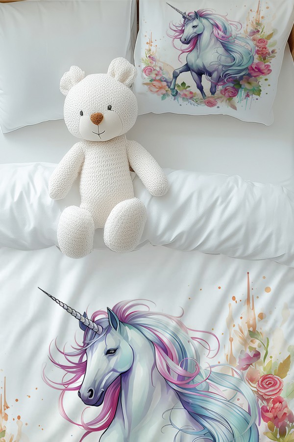 Renkli Çiçekli Unicorn Atlı Desenli Kız Çocuk Tek Kişilik Nevresim Takımı Yastık Kılıflı