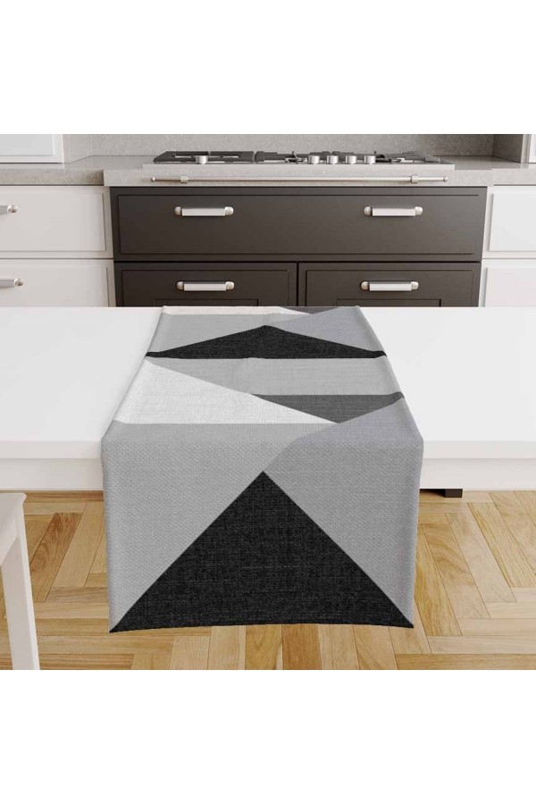 Gri Siyah Üçgenler Desenli Baskılı Leke Tutmaz Dertsiz Dekoratif Runner Örtüsü 40x140cm