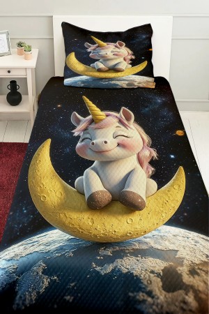Ayda Oturan Unicorn Desenli Kız Çocuk Tek Kişilik Pike Takımı Kapitoneli Yatak Örtüsü