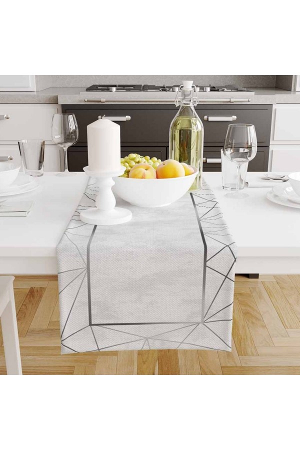 Gri Çizgili Desenli Baskılı Leke Tutmaz Dertsiz Dekoratif Runner Örtüsü 40x140cm