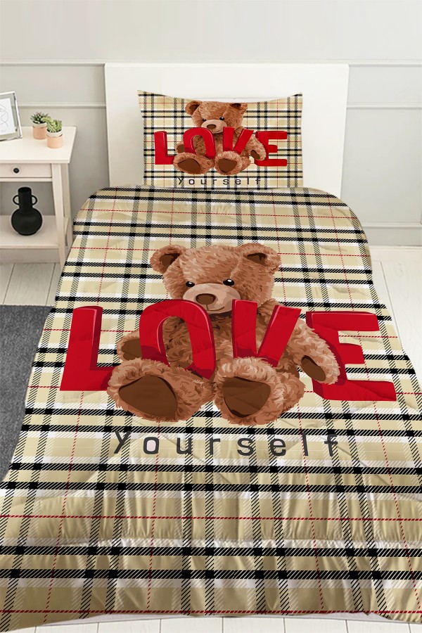 Love Ayı Teddy Desenli Kız Çocuk Tek Kişilik Kapitoneli Yorgan Kılıfı Uyku Seti Love Ayı Teddy Desenli Kız Çocuk Tek Kişilik Kapitoneli Yorgan Kılıfı Uyku Seti