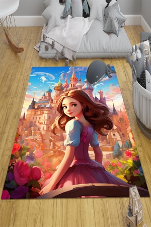 Prenses Şatalu Desenli Kız Çocuk Odası Halısı Kaymaz Taban Yıkanabilir