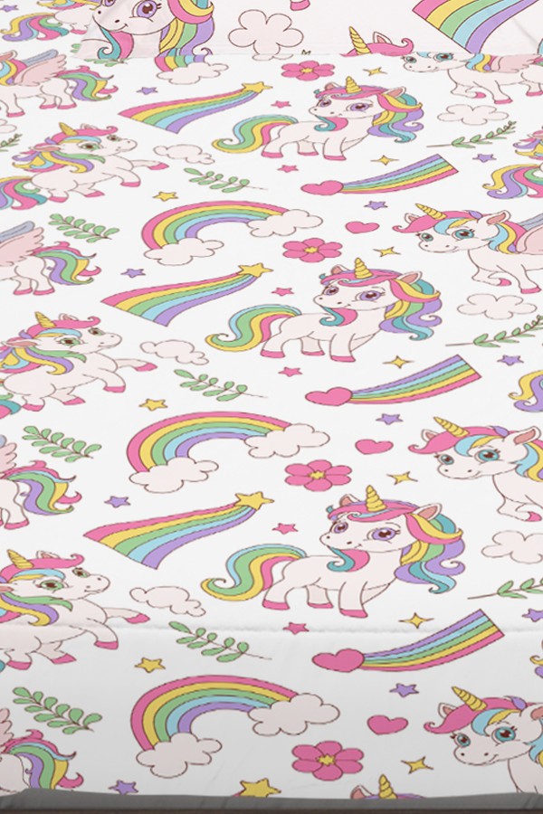Gökkuşağı Unicorn Atlı Desenli Kız Çocuk Tek Kişilik Yastıklı Lastikli Çarşaf Takımı 100x200cm Gökkuşağı Unicorn Atlı Desenli Kız Çocuk Tek Kişilik Yastıklı Lastikli Çarşaf Takımı 100x200cm