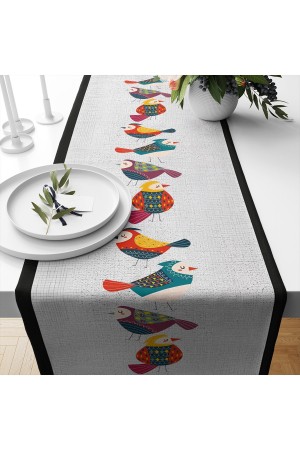 Renkli Kuşlar BeyazDesenli Baskılı Leke Tutmaz Dertsiz Dekoratif Runner Örtüsü 40x140cm