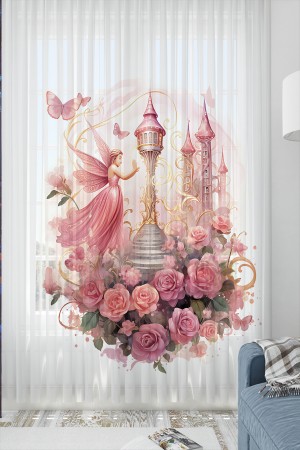 Pembe Perili Çiçekli Desenli Çocuk Tül Perde Tek Kanat 140x260cm Pembe Perili Çiçekli Desenli Çocuk Tül Perde Tek Kanat 140x260cm