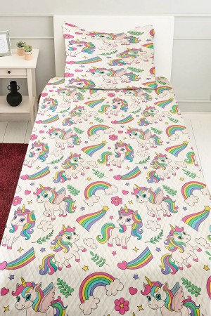 Gökkuşağı Unicorn Atlı Desenli Kız Çocuk Tek Kişilik Pike Takımı Kapitoneli Yatak Örtüsü