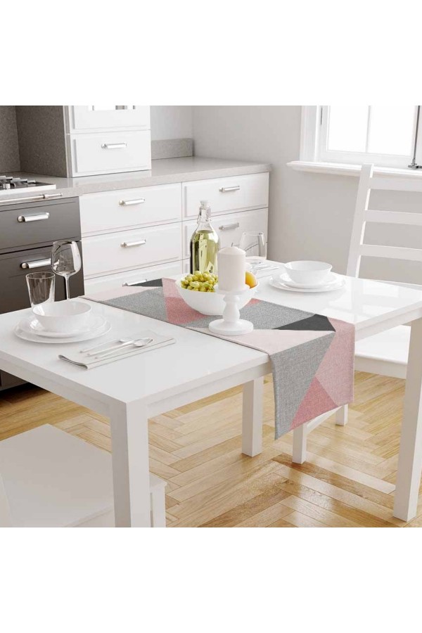 Pembe Gri Desenli Baskılı Leke Tutmaz Dertsiz Dekoratif Runner Örtüsü 40x140cm