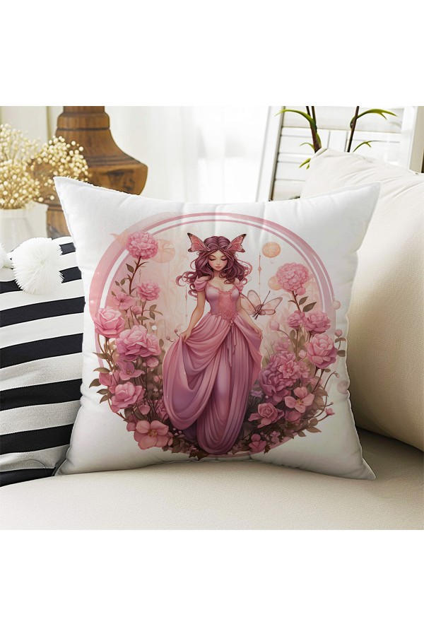 Pembe Prenses Perili Desenli Kız Çocuk Dekoratif Çift Taraflı Kırlent Kılıfı 43x43cm