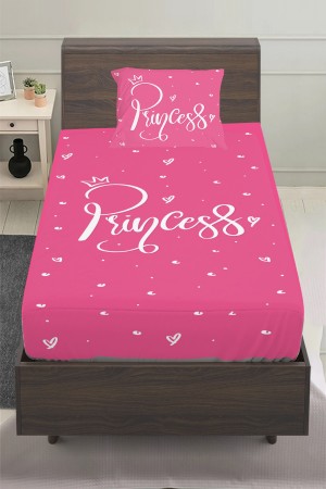 Pembe Beyaz Prenses Yazılı Desenli Kız Çocuk Tek Kişilik Yastıklı Lastikli Çarşaf Takımı 100x200cm