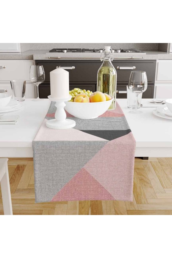 Pembe Gri Desenli Baskılı Leke Tutmaz Dertsiz Dekoratif Runner Örtüsü 40x140cm