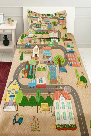 Mahalle Şehir Desenli Erkek Çocuk Tek Kişilik Pike Takımı Kapitoneli Yatak Örtüsü