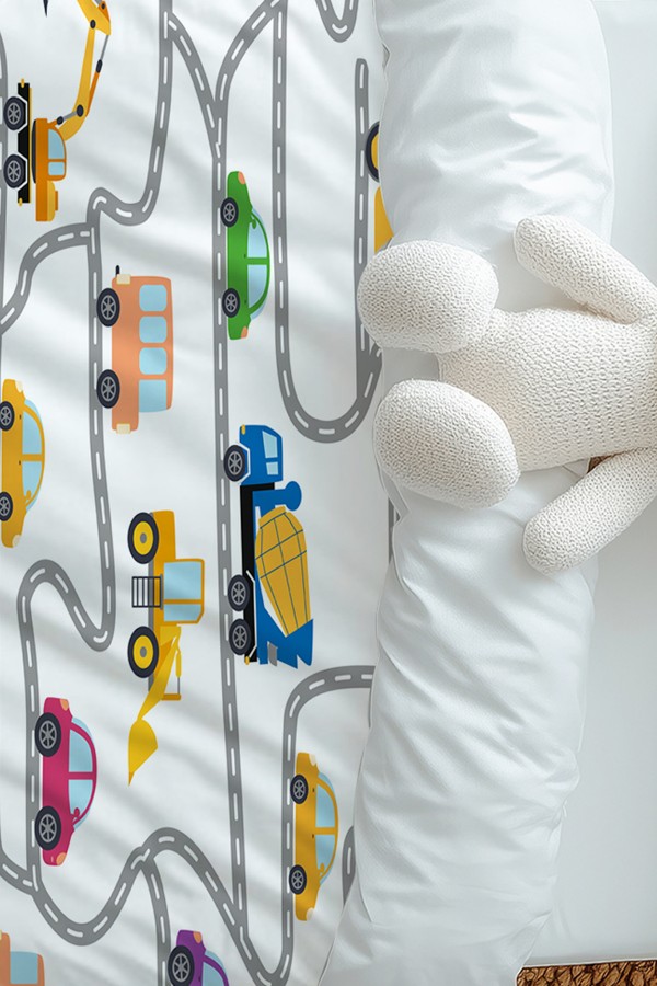 İş Makineleri Trafik Desenli Erkek Çocuk Tek Kişilik Nevresim Takımı Yastık Kılıflı