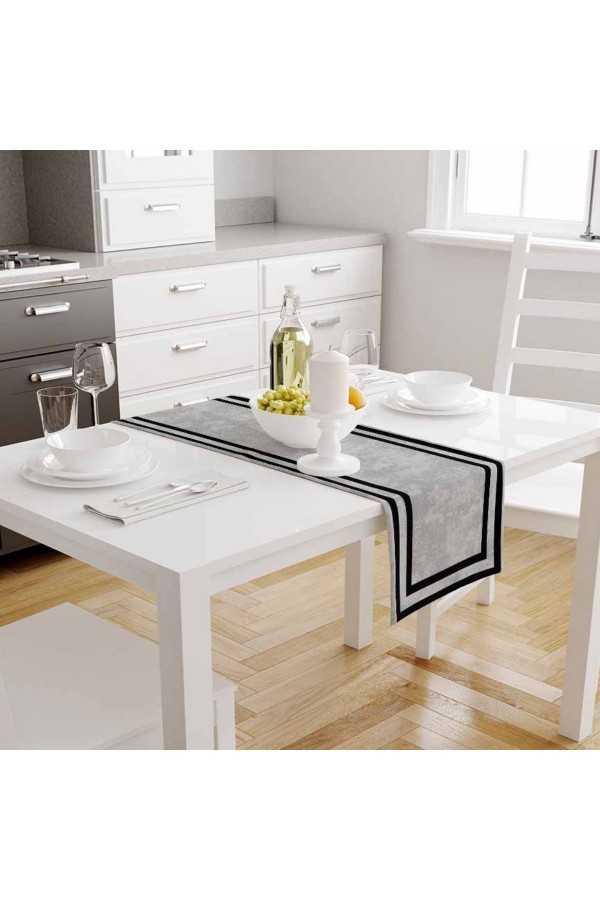 Açık Gri Siyah Çizgi Desenli Baskılı Leke Tutmaz Dertsiz Dekoratif Runner Örtüsü 40x140cm