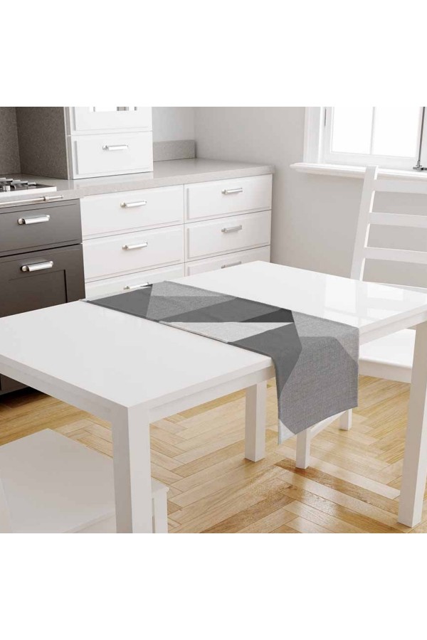Gri Üçgenler Desenli Baskılı Leke Tutmaz Dertsiz Dekoratif Runner Örtüsü 40x140cm