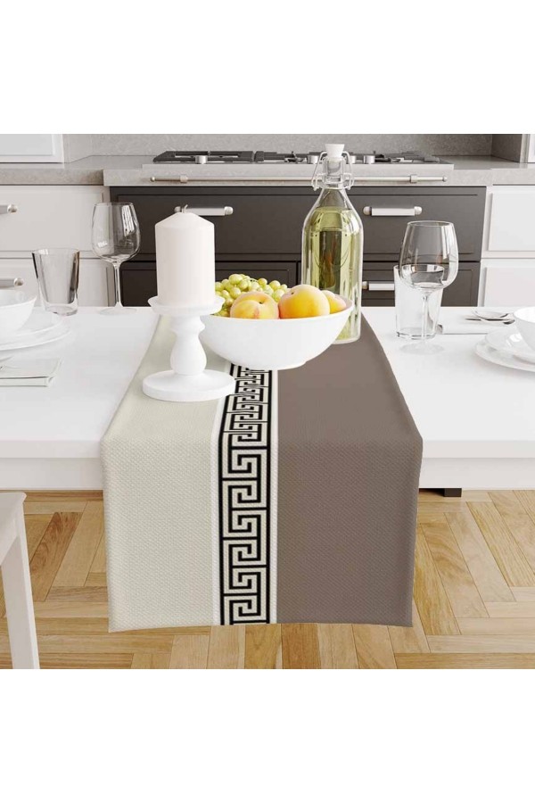 Kahverengi Kilit Desenli Baskılı Leke Tutmaz Dertsiz Dekoratif Runner Örtüsü 40x140cm