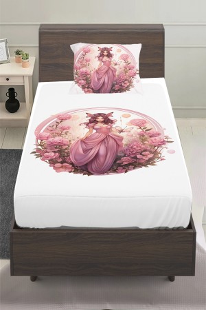 Pembe Prenses Perili Desenli Kız Çocuk Tek Kişilik Yastıklı Lastikli Çarşaf Takımı 100x200cm