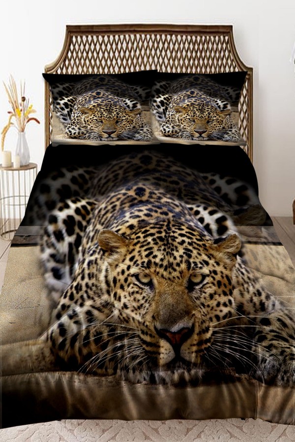 Leopar Desenli Çift Kişilik Kapitoneli Yorgan Yastık Kılıflı