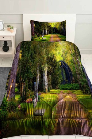 Yeşil Ağaçlar Park Desenli Tek Kişilik Kapitoneli Yorgan Yastık Kılıflı