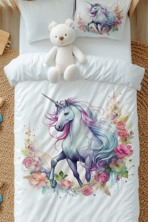 Renkli Çiçekli Unicorn Atlı Desenli Kız Çocuk Tek Kişilik Nevresim Takımı Yastık Kılıflı