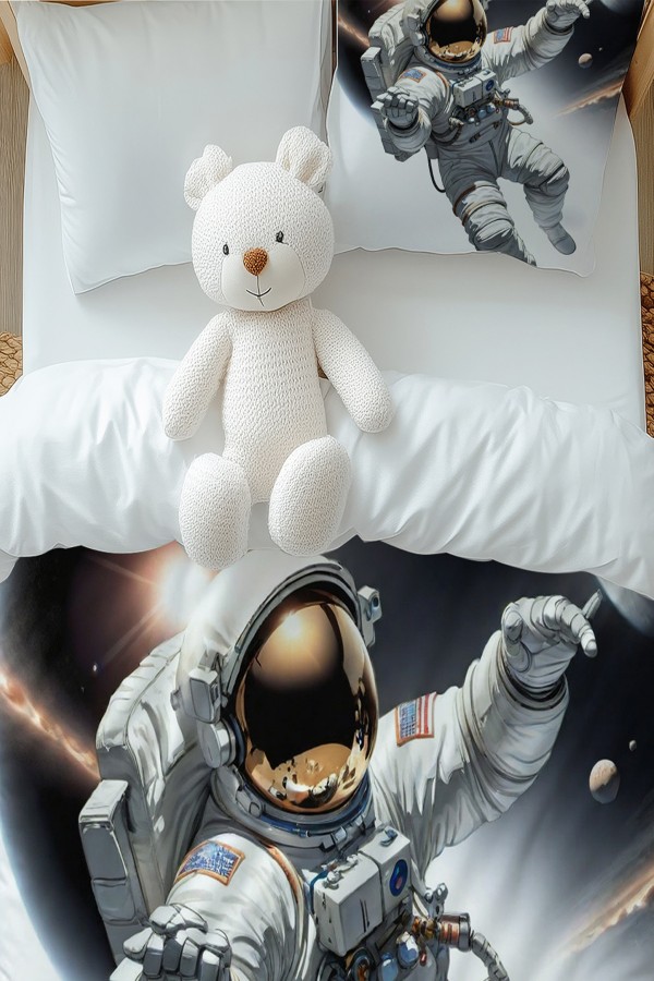 Astronot Kozmonot Desenli Erkek Çocuk Tek Kişilik Nevresim Takımı Yastık Kılıflı