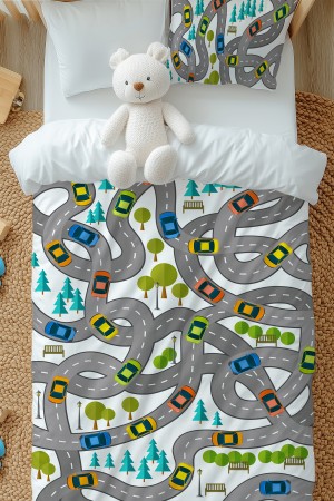 Trafik Araba Yol Desenli Erkek Çocuk Tek Kişilik Nevresim Takımı Yastık Kılıflı