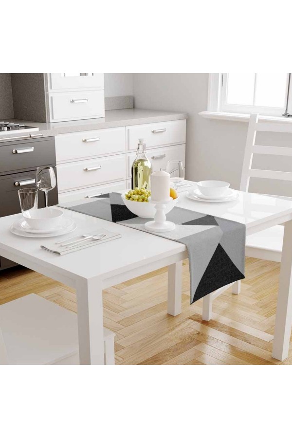 Gri Siyah Üçgenler Desenli Baskılı Leke Tutmaz Dertsiz Dekoratif Runner Örtüsü 40x140cm