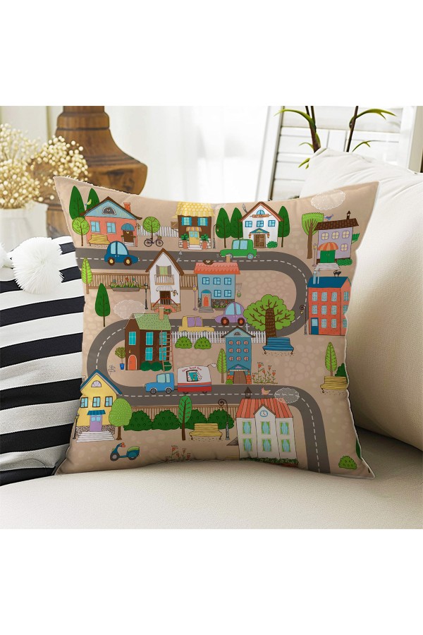 Mahalle Şehir Desenli Erkek Çocuk Dekoratif Çift Taraflı Kırlent Kılıfı 43x43cm