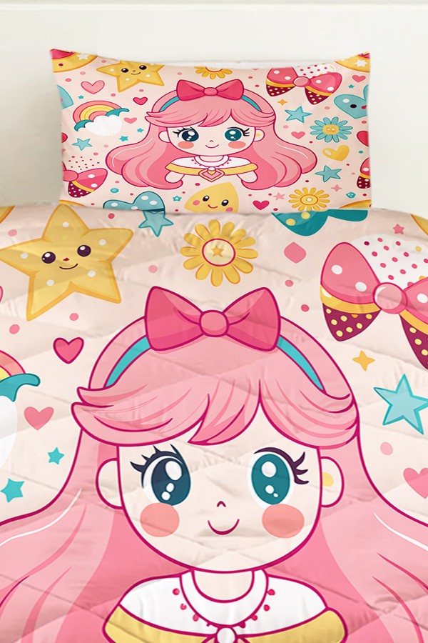 Anime Pembe Prenses Desenli Kız Çocuk Tek Kişilik Kapitoneli Yorgan Yastık Kılıflı