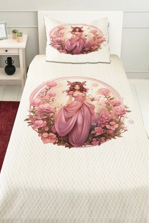 Pembe Prenses Perili Desenli Kız Çocuk Tek Kişilik Pike Takımı Kapitoneli Yatak Örtüsü