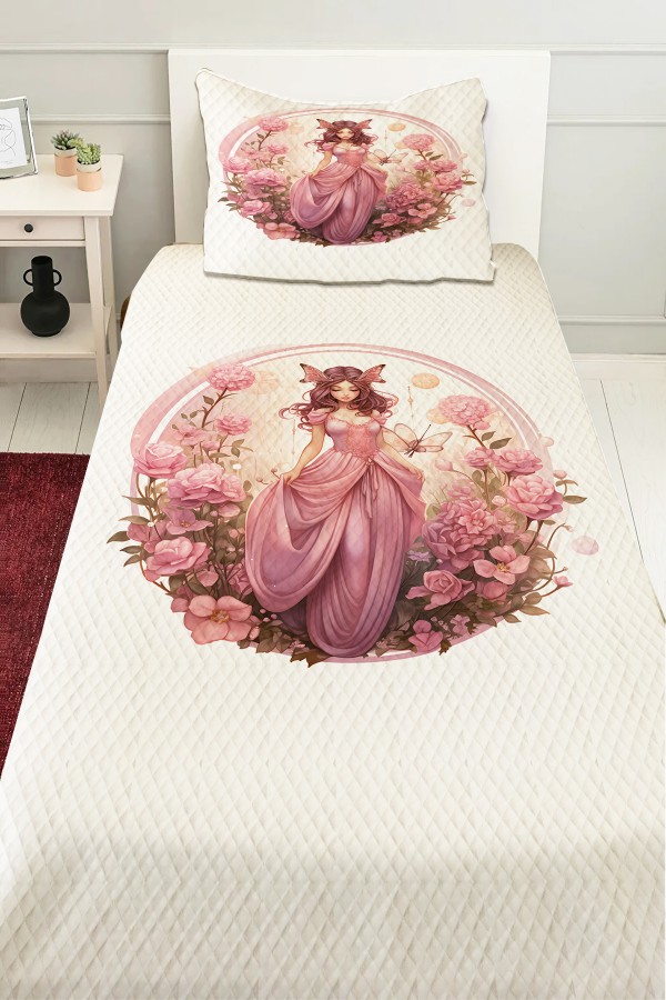 Pembe Prenses Perili Desenli Kız Çocuk Tek Kişilik Pike Takımı Kapitoneli Yatak Örtüsü Pembe Prenses Perili Desenli Kız Çocuk Tek Kişilik Pike Takımı Kapitoneli Yatak Örtüsü