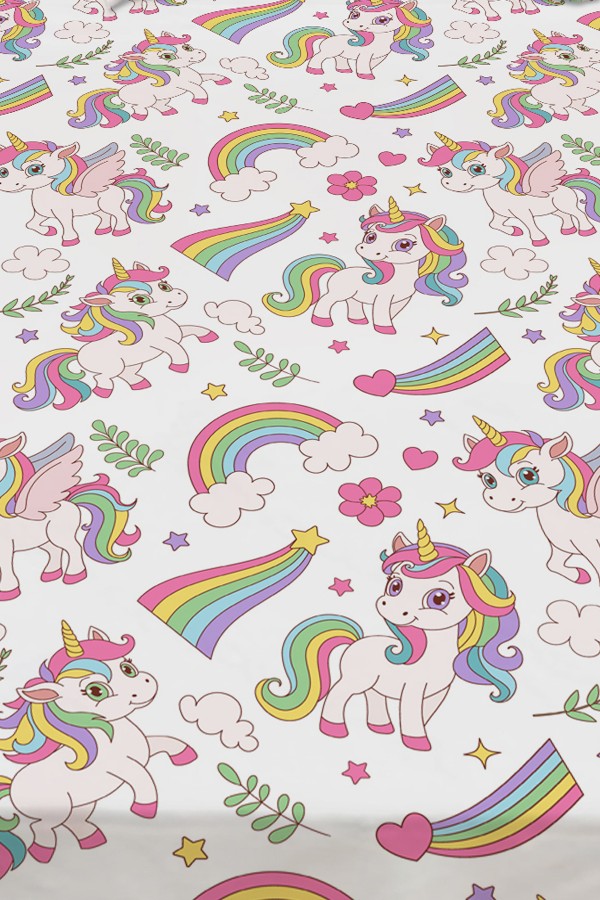 Gökkuşağı Unicorn Atlı Desenli Kız Çocuk Tek Kişilik Dekoratif Yatak Örtüsü Yastık Kılıflı