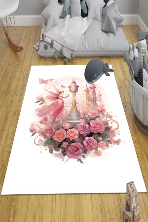 Pembe Perili Çiçekli Desenli Çocuk Odası Halısı Kaymaz Taban Yıkanabilir