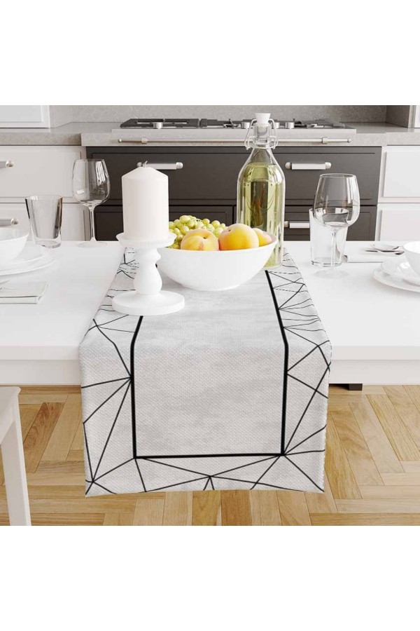 Siyah Gri Çizgili Desenli Baskılı Leke Tutmaz Dertsiz Dekoratif Runner Örtüsü 40x140cm