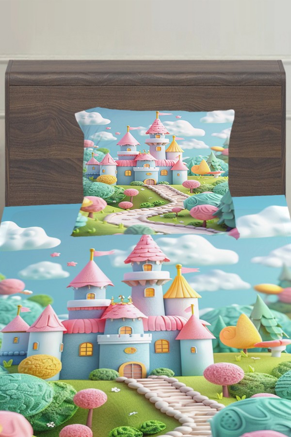 Renkli Şato Desenli Kız Çocuk Tek Kişilik Yastıklı Lastikli Çarşaf Takımı 100x200cm Renkli Şato Desenli Kız Çocuk Tek Kişilik Yastıklı Lastikli Çarşaf Takımı 100x200cm