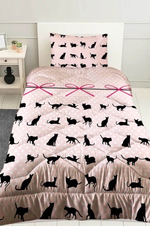 Pembe Siyah Kediler Desenli Tek Kişilik Kapitoneli Yorgan Yastık Kılıflı Pembe Siyah Kediler Desenli Tek Kişilik Kapitoneli Yorgan Yastık Kılıflı