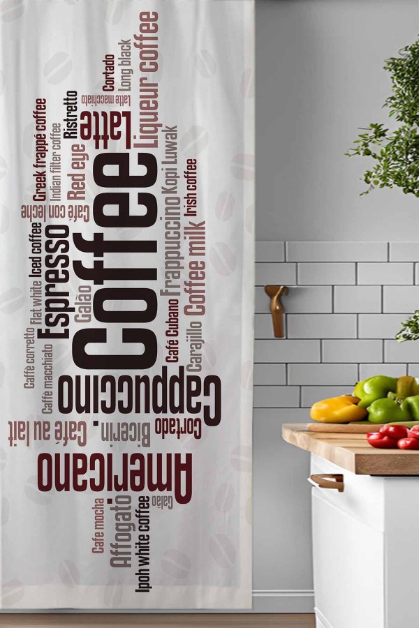 Kahve Yazılı Desenli Djital Baskılı Yemek Odası Mutfak Fon Perde 140x260cm