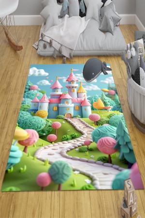 Renkli Şato Desenli Kız Çocuk Odası Halısı Kaymaz Taban Yıkanabilir