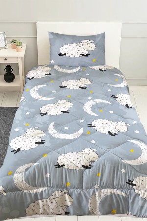 Gri Beyaz Kuzulu Desenli Erkek Çocuk Tek Kişilik Kapitoneli Yorgan Yastık Kılıflı