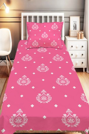 Pembe Beyaz Retro Desenli Kız Çocuk Tek Kişilik Dekoratif Yatak Örtüsü Yastık Kılıflı