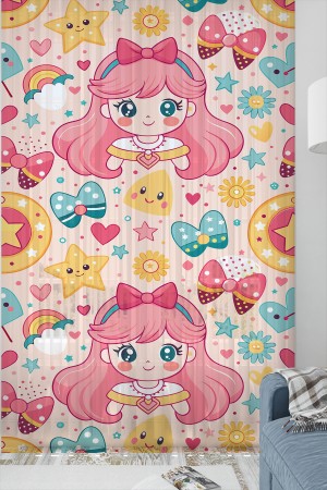 Anime Pembe Prenses Desenli Kız Çocuk Tül Perde Tek Kanat 140x260cm