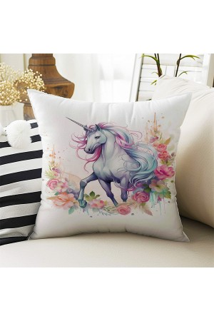 Renkli Çiçekli Unicorn Atlı Desenli Kız Çocuk Dekoratif Çift Taraflı Kırlent Kılıfı 43x43cm