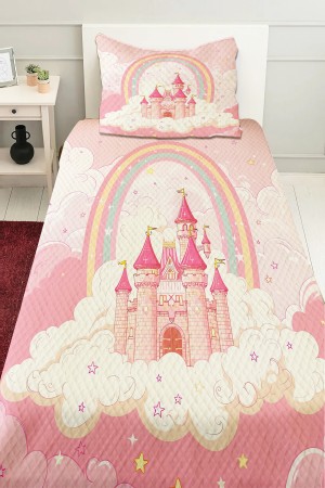 Pembe Şatolu Desenli Kız Çocuk Tek Kişilik Pike Takımı Kapitoneli Yatak Örtüsü