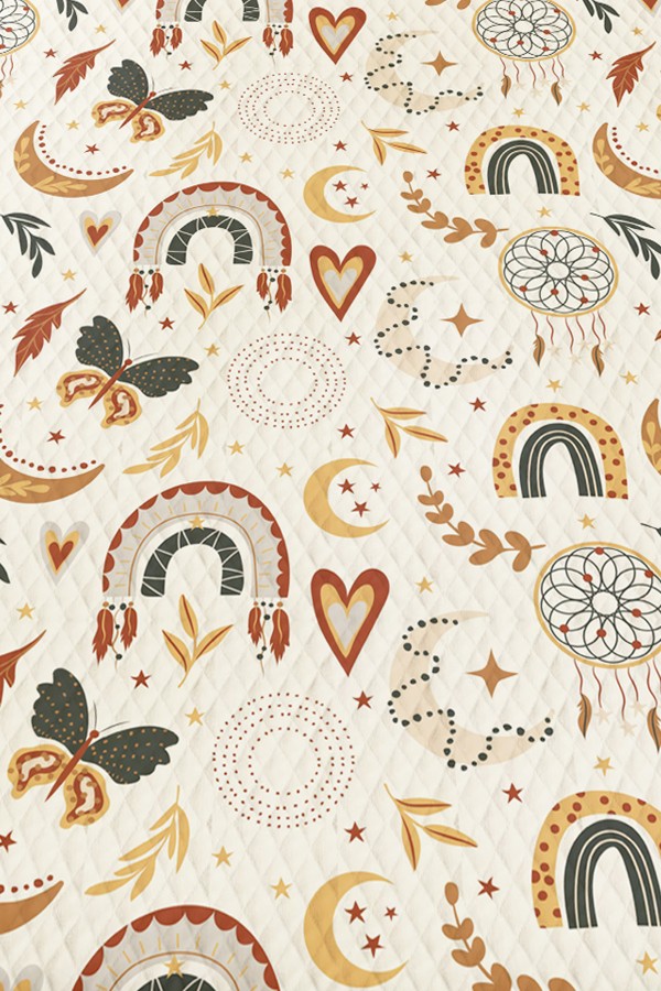 Boho Gökkuşağı Desenli Kız Çocuk Tek Kişilik Pike Takımı Kapitoneli Yatak Örtüsü