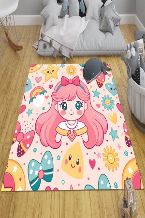 Anime Pembe Prenses Desenli Kız Çocuk Odası Halısı Kaymaz Taban Yıkanabilir