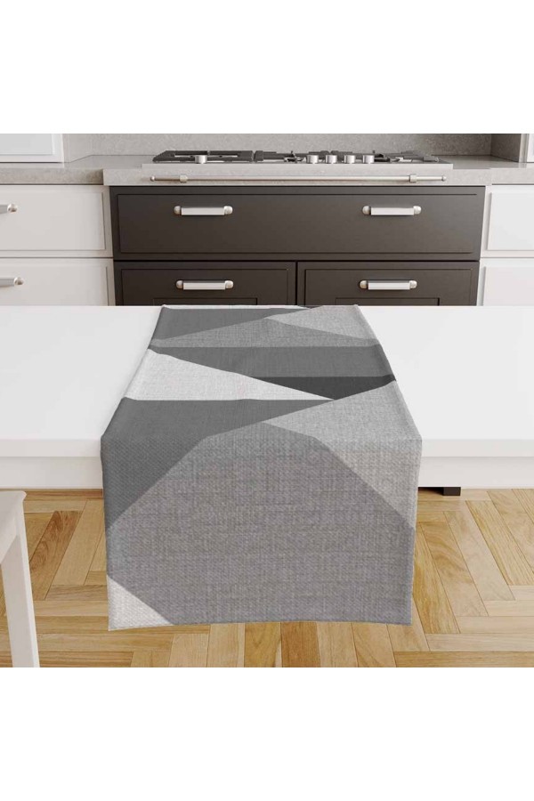 Gri Üçgenler Desenli Baskılı Leke Tutmaz Dertsiz Dekoratif Runner Örtüsü 40x140cm