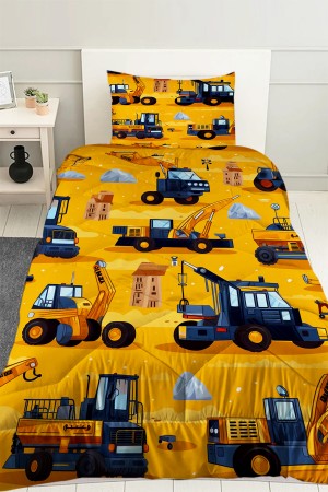 Sarı İş Makineleri İnşaat Desenli Erkek Çocuk Tek Kişilik Kapitoneli Yorgan Kılıfı Uyku Seti